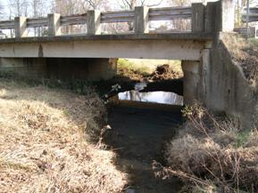 Figure 115. Unnamed creek (N 21), Ozark-Ouachita Highlands-looking downstream at bridge. Photo. This is looking downstream at the bridge. The highly irregular width is very evident. 