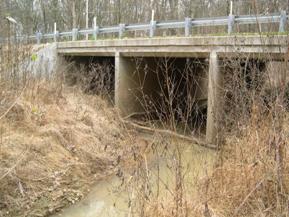 Figure 119. Little Cypress Creek, Atlantic Coastal Plain-looking downstream at bridge. Photo. This is looking downstream at the bridge. The channel is not well-aligned with the bridge.