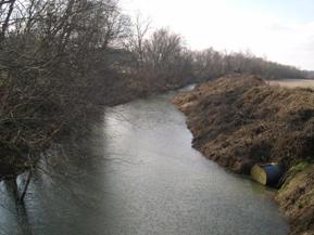 Figure 125. Unnamed creek (N 24), Atlantic Coastal Plain-upstream from bridge. Photo. This is unnamed creek N 24 in the Atlantic Coastal Plain region looking upstream from the bridge. The channel appears to have been straightened and a levee built on the left bank. There is one row of trees on the right bank. 