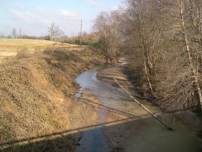 Figure 126. Unnamed creek (N 24), Atlantic Coastal Plain-downstream from bridge. Photo. This is looking downstream from the bridge. The channel is overwidened, and sediment is being deposited in bars along the channel bottom.