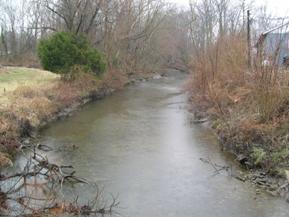 Figure 141. Mill Stream Branch, Atlantic Coastal Plain-upstream from bridge. Photo. This is the Mill Stream Branch in the Atlantic Coastal Plain region looking upstream from the bridge. Banks are well-vegetated by trees, except just upstream from the bridge where the right bank is grass. The channel has been straightened. 