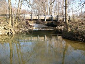 Figure 155. Hammond Branch, Atlantic Coastal Plain-looking downstream at bridge. Photo. This is looking downstream at the bridge. The channel is rather wide compared to upstream, and the flow is calm.