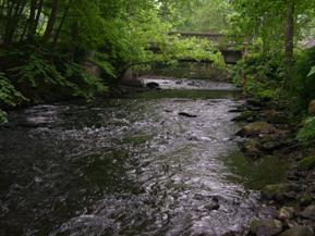 Figure 160. Pootatuck River, New England-looking upstream at bridge. Photo. This is looking upstream at the bridge. The right bank toe is lined with rocks.