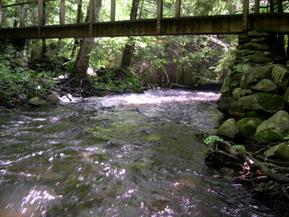 Figure 171. West Branch Saugatuck River, New England-looking downstream at bridge (bridge in foreground is the pedestrian bridge). Photo. This is looking downstream toward the bridge. The bridge in the foreground is a pedestrian bridge that is just upstream of the auto bridge. The channel is aligned with the bridge, and the flow is rapid.