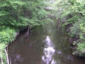 Figure 173. Mianus River, New England-upstream from bridge. Note weir. Photo. This is the Mianus River in the New England region looking upstream from the bridge. The banks are heavily vegetated with trees. The channel is straight, and the flow is calm.