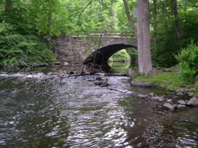 Figure 176. Mianus River, New England-looking upstream at bridge. Photo. This is looking upstream at the bridge. The weir is seen downstream of the bridge. Flow below the weir is rapid.
