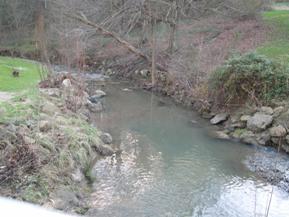 Figure 178. McKnown Creek, Appalachian Plateau-upstream from bridge. Photo. This is McKnown Creek in the Appalachian Plateau region looking upstream from the bridge. Bank vegetation is only grass. Minor bed degradation and bank widening is evident. 