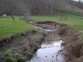 Figure 182. Wolf Run, Appalachian Plateau-downstream from bridge. Photo. This is looking downstream from the bridge. There is only grass on the both banks, and bed degradation and bank widening are significant. 