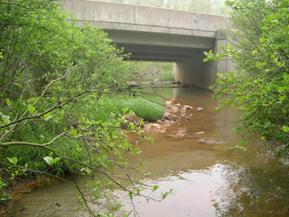 Figure 187. Unnamed creek (N 48), Appalachian Plateau-looking downstream at bridge. Photo. This is looking downstream at the bridge. The channel thalweg is hugging the right abutment.