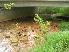 Figure 188. Unnamed creek (N 48), Appalachian Plateau-looking upstream through bridge. Photo. This is looking upstream through the bridge, again showing that lateral movement has caused the thalweg to press against the right abutment.