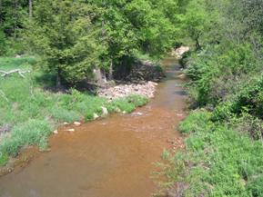 Figure 193. Piney Creek, Appalachian Plateau-downstream from bridge. Photo. This is Piney Creek in the Appalachian Plateau region looking downstream from the bridge. Bank vegetation consists of annuals for about 30.5 meters downstream, and then consists of thick brush and trees. In addition, the nearly 30.5 meters of channel is considerably wider where the channel was widened for the bridge. 