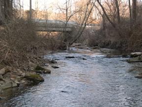 Figure 208. Blackrock Run, Piedmont-looking upstream at bridge. Photo. This is looking upstream at the bridge. Trees are leaning into the channel, indicating failing banks.