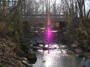 Figure 219. Atherton Tributary, Piedmont-looking upstream at bridge. Photo. This is looking upstream at the bridge. There are large rocks in the channel material. 