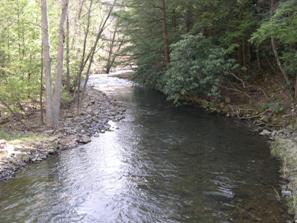 Figure 233. Roaring Run, Valley and Ridge-looking downstream at bridge. Photo. This is looking downstream at the bridge and the rock wall on the left bank. The bridge is just downstream of a tight meander bend. 