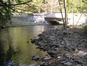 Figure 236. Roaring Run, Valley and Ridge-looking upstream at bridge. Photo. This is looking upstream at the bridge as the flow exits the meander bend.