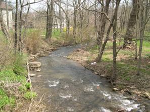 Figure 237. Potter Run, Valley and Ridge-downstream from bridge. Photo. This is the Potter Run in the Valley and Ridge region looking downstream from the bridge. The left bank has a single row of trees. The right bank is covered with trees. The rapid flow in the foreground is exiting a cross vane downstream of the bridge. 