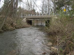 Figure 239. Potter Run, Valley and Ridge-looking downstream at bridge. Photo. This is looking downstream at the bridge. The flow is well-aligned with the bridge opening; however the opening is very narrow. 