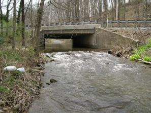 Figure 240. Potter Run, Valley and Ridge-looking upstream at bridge. Photo. This is looking upstream at the bridge. The cross vane helps to calm the flow under the bridge.