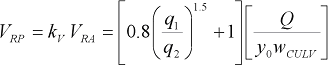 3. V subscript R P equals the product of lowercase k subscript V times V subscript R A. This product in turn equals the product of two terms. The first term is the sum of one plus the product of 0.8 times the quotient to the 1.5 power of lowercase q subscript 1 divided by lowercase q subscript 2. The second term is the quotient of uppercase Q divided by the product of y subscript 0 times w subscript C U L V.