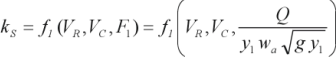 11. Lowercase k subscript s is a function, which is identified as lowercase f subscript 1, of V subscript R, V subscript C, and uppercase F subscript 1. Lowercase F subscript 1 is the quotient of uppercase Q divided by the product of y subscript 1 times w subscript a times the square root of the product of g times y subscript 1.