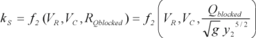 12. Lowercase k subscript s is a function, which is identified as lowercase f subscript 2, of V subscript R, V subscript C, and R subscript uppercase Q blocked. R subscript uppercase Q blocked is the quotient of uppercase Q subscript blocked divided by the product of the square root of g times the five-seconds power of y subscript 2.