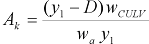 14. Uppercase A subscript lowercase k equals a quotient. The numerator of the quotient is w subscript C U L V times the difference of y subscript 1 minus D. The denominator of the quotient is the product of w subscript lowercase a times y subscript 1.