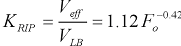 24. Uppercase K subscript R I P equals the quotient of V subscript e f f divided by V subscript L B. This quotient in turn equals the product of 1.12 times, to the negative 0.42 power, uppercase F subscript o.