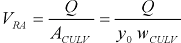 28. V subscript R A equals the quotient of uppercase Q divided by A subscript C U L V. This quotient in turn equals the quotient of uppercase Q divided by the product of y subscript 0 times w subscript C U L V.