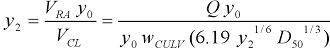 30. Lowercase y subscript 2 equals the quotient of the product of V subscript R A times y subscript 0 divided by V subscript C L. This quotient in turn can be expressed as the quotient of two multicomponent terms. The numerator of this quotient is the product of uppercase Q times y subscript 0. The denominator is the product of five terms: y subscript 0, w subscript C U L V, 6.19, the one-sixth power of y subscript 2, and the one-third power of D subscript 50.