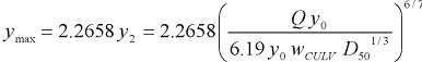 32. Lowercase y subscript max equals the product of 2.2658 times y subscript 2. Lowercase y subscript 2 equals the six-seventh power of the quotient of the product of uppercase Q times y subscript 0 divided by the product of four terms: 6.19, y subscript 0, w subscript C U L V, and the one-third power of D subscript 50.