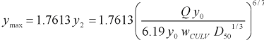 33. Lowercase y subscript max equals the product of 1.7613 times y subscript 2. Lowercase y subscript 2 equals the six-seventh power of the quotient of the product of uppercase Q times y subscript 0 divided by the product of four terms: 6.19, y subscript 0, w subscript C U L V, and the one-third power of D subscript 50.