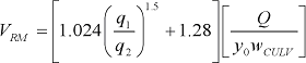 34. V subscript R M equals the product of two terms. The first term is the sum of 1.28 plus the product of 1.024 times the quotient to the 1.5 power of q subscript 1 divided by q subscript 2. The second term is the quotient of Q divided by the product of y subscript 0 times w subscript C U L V.