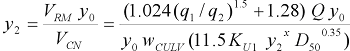 38. Lowercase y subscript 2 equals the quotient of the product of V subscript R M times y subscript 0 divided by V subscript C N. This quotient in turn can be expressed as the quotient of two multicomponent terms. The numerator is the product of Q times y subscript 0 times the sum of 1.28 plus the product of 1.024 times the quotient to the 1.5 power of lowercase q subscript 1 divided by lowercase q subscript 2. The denominator is the product of six terms: y subscript 0, w subscript C U L V, 11.5, uppercase K subscript U1, the x power of y subscript 2, and the 0.35 power of D subscript 50.