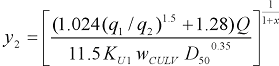 39. Lowercase y subscript 2 equals a multicomponent quotient to a power that is a quotient. The quotient that is the power is 1 divided by the sum of 1 plus x. The numerator of the multicomponent quotient is the product of uppercase Q times the sum of 1.28 plus the product of 1.024 times the quotient to the 1.5 power of lowercase q subscript 1 divided by lowercase q subscript 2. The denominator of the multicomponent quotient is the product of four terms: 11.5, uppercase K subscript U1, w subscript C U L V, and the 0.35 power of D subscript 50.