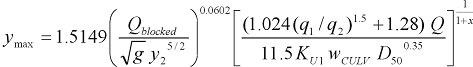 40. Lowercase y subscript max equals the product of four terms. The first term is 1.5149. The second term is y subscript 2. The third term is the 0.0602 power of the quotient of uppercase Q subscript blocked divided by the product of the square root of g times the five-seconds power of y subscript 2. The fourth term is a multicomponent quotient to a power that is a quotient. The quotient that is the power is 1 divided by the sum of 1 plus x. The numerator of the multicomponent quotient is the product of uppercase Q times the sum of 1.28 plus the product of 1.024 times the quotient to the 1.5 power of lowercase q subscript 1 divided by lowercase q subscript 2. The denominator of the multicomponent quotient is the product of four terms: 11.5, uppercase K subscript U1, w subscript C U L V, and the 0.35 power of D subscript 50. 
