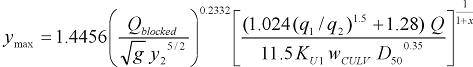 41. Lowercase y subscript max equals the product of four terms. The first term is 1.4456. The second term is y subscript 2. The third term is the 0.2332 power of the quotient of uppercase Q subscript blocked divided by the product of the square root of g times the five-seconds power of y subscript 2. The fourth term is a multicomponent quotient to a power that is a quotient. The quotient that is the power is 1 divided by the sum of 1 plus x. The numerator of the multicomponent quotient is the product of uppercase Q times the sum of 1.28 plus the product of 1.024 times the quotient to the 1.5 power of lowercase q subscript 1 divided by lowercase q subscript 2. The denominator of the multicomponent quotient is the product of four terms: 11.5, uppercase K subscript U1, w subscript C U L V, and the 0.35 power of D subscript 50.