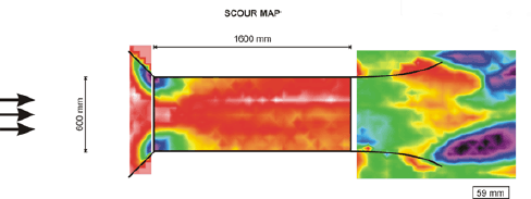 Figure 24. Image. Scour map for outlet with streamlined wingwalls. The figure is a plan, or overhead, view of the scour caused by flow in the culvert model. The culvert entrance is to the left and is 600 millimeters wide. The culvert barrel is in the center, the culvert exit has streamlined wingwalls, and the bed beyond the culvert exit is to the right. The bed is wider than the culvert barrel, extending an equal distance to the top and bottom of the diagram, or to the left and right of the culvert exit. The areas of scour are indicated by darker shadings. The principal area of scour is on the opposite side of the culvert bed from the area of strong shear forces indicated in figure 23. A scour depth of 59 millimeters is indicated. One millimeter equals 0.0394 inch.