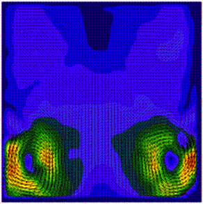 Figure 60. Image. P I V image of flow field at culvert entrance showing spiral current in corners. The figure is a particle image velocimetry image. The image shows the effect of adding a cross vane to a culvert entrance. The effect is increased scour because the vane creates spiral currents. Particle image velocimetry shows the spiral currents as lighter shaded areas in the bottom corners of the image.