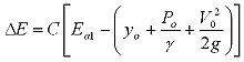 Equation 10. Delta E equals C times the quantity: E subscript a 1 minus y subscript o minus the quotient of P subscript o divided by gamma minus the quotient of V subscript o superscript 2 divided by the product of 2 and g.