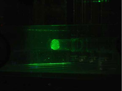 Figure 10. Photo. Closeup of the tracer particles in the outflow pipe from the access hole. This photo shows a closeup of the circular plane of fluorescent particles in the outlet pipe illuminated by the light sheet.