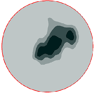 Figure 12. Image. Selected contours of velocity magnitude in the outflow pipe. This computer image is a cross-sectional view of an outlet pipe that shows an area of higher velocity near the center and areas of lower velocity closer to the perimeter.