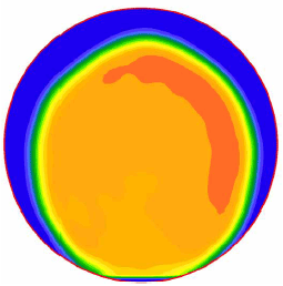 Figure 25. Image. Example velocity profile at the outlet. For one of the miniculvert experiments, this is one in a series of eleven computer images in appendix A showing velocity profiles at 5 millimeter increments between 0 and 50 millimeters along the outflow pipe. Each image shows a spectrum of colors with blue indicating low velocity and orange and red indicating higher velocities. The low velocities are generally near the upper edge of the pipe and the higher velocities generally near the center of the pipe. In this particular image, the highest velocities occupy a crescent shape above and to the right of the pipe center. 