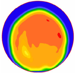 Figure 26. Image. Example velocity profile 5 millimeters (0.19 inch) from the outlet. For one of the miniculvert experiments, this is one in a series of eleven computer images in appendix A showing velocity profiles at 5 millimeter increments between 0 and 50 millimeters along the outflow pipe. Each image shows a spectrum of colors with blue indicating low velocity and orange and red indicating higher velocities. The low velocities are generally near the upper edge of the pipe and the higher velocities generally near the center of the pipe. This particular image shows two small areas of red in the upper right quadrant, indicating areas of maximum velocity. A red-orange area of high velocities is midway to the top half of the pipe's center. An area of moderate velocity is located in the lower left quadrant.