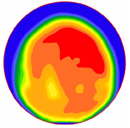 Figure 27. Image. Example velocity profile 10 millimeters (0.39 inch)from the outlet. For one of the miniculvert experiments, this is one in a series of eleven computer images in appendix A showing velocity profiles at 5 millimeter increments between 0 and 50 millimeters along the outflow pipe. Each image shows a spectrum of colors with blue indicating low velocity and orange and red indicating higher velocities. The low velocities are generally near the upper edge of the pipe and the higher velocities generally near the center of the pipe. This particular image shows a large area of red, or high velocity, in the upper right quadrant, and a yellow area of moderate velocity in the lower left quadrant. A red-orange area occupies most of the pipe's center region.