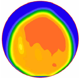 Figure 28. Image. Example velocity profile 15 millimeters (0.59 inch) from the outlet. For one of the miniculvert experiments, this is one in a series of eleven computer images in appendix A showing velocity profiles at 5 millimeter increments between 0 and 50 millimeters along the outflow pipe. Each image shows a spectrum of colors with blue indicating low velocity and orange and red indicating higher velocities. The low velocities are generally near the upper edge of the pipe and the higher velocities generally near the center of the pipe. This particular image does not have any red areas. The red-orange or high-velocity area occupies the upper third of the pipe, with a small yellow moderate velocity area near the left side of the pipe.