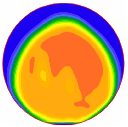 Figure 29. Image. Example velocity profile 20 millimeters (0.79 inch) from the outlet. For one of the miniculvert experiments, this is one in a series of eleven computer images in appendix A showing velocity profiles at 5 millimeter increments between 0 and 50 millimeters along the outflow pipe. Each image shows a spectrum of colors with blue indicating low velocity and orange and red indicating higher velocities. The low velocities are generally near the upper edge of the pipe and the higher velocities generally near the center of the pipe. This particular image shows an area of moderate velocity and an area of low to moderate velocity. Compared to the previous images, the velocities within the pipe center region are more uniform.