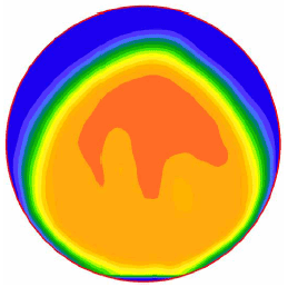 Figure 30. Image. Example velocity profile 25 millimeters (0.98 inch) from the outlet. For one of the miniculvert experiments, this is one in a series of eleven computer images in appendix A showing velocity profiles at 5 millimeter increments between 0 and 50 millimeters along the outflow pipe. Each image shows a spectrum of colors with blue indicating low velocity and orange and red indicating higher velocities. The low velocities are generally near the upper edge of the pipe and the higher velocities generally near the center of the pipe. This particular image shows relatively uniform velocities in the pipe center region, which is entirely orange to red-orange. The red-orange area of higher velocities occupies the upper quarter of the pipe's central region, with three fingers pointing downward from that area.