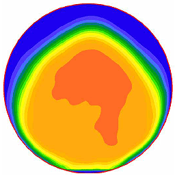 Figure 31. Image. Example velocity profile 30 millimeters (1.18 inches) from the outlet. For one of the miniculvert experiments, this is one in a series of eleven computer images in appendix A showing velocity profiles at 5 millimeter increments between 0 and 50 millimeters along the outflow pipe. Each image shows a spectrum of colors with blue indicating low velocity and orange and red indicating higher velocities. The low velocities are generally near the upper edge of the pipe and the higher velocities generally near the center of the pipe. This particular image shows only orange and red-orange in the center region of the pipe, indicating mostly uniform higher velocities. The red-orange area is just above the pipe's center and has one figure pointing down just to the right of center.