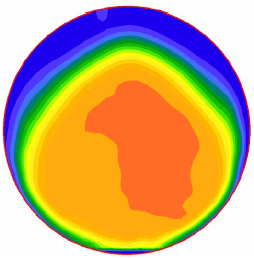 Figure 32. Image. Example velocity profile 35 millimeters (1.38 inches) from the outlet. For one of the miniculvert experiments, this is one in a series of eleven computer images in appendix A showing velocity profiles at 5 millimeter increments between 0 and 50 millimeters along the outflow pipe. Each image shows a spectrum of colors with blue indicating low velocity and orange and red indicating higher velocities. The low velocities are generally near the upper edge of the pipe and the higher velocities generally near the center of the pipe. In this particular image, the red-orange area of higher velocities occupies the pipe's center point and a sizeable portion of the right half of the pipe.