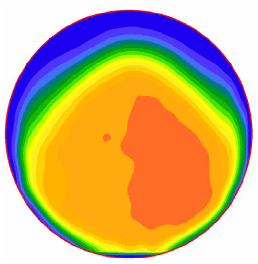 Figure 33. Image. Example velocity profile 40 millimeters (1.57 inches) from the outlet. For one of the miniculvert experiments, this is one in a series of eleven computer images in appendix A showing velocity profiles at 5 millimeter increments between 0 and 50 millimeters along the outflow pipe. Each image shows a spectrum of colors with blue indicating low velocity and orange and red indicating higher velocities. The low velocities are generally near the upper edge of the pipe and the higher velocities generally near the center of the pipe. In this particular image, the red-orange area of higher velocities occupies much of the right-center and lower right quadrant of the pipe.